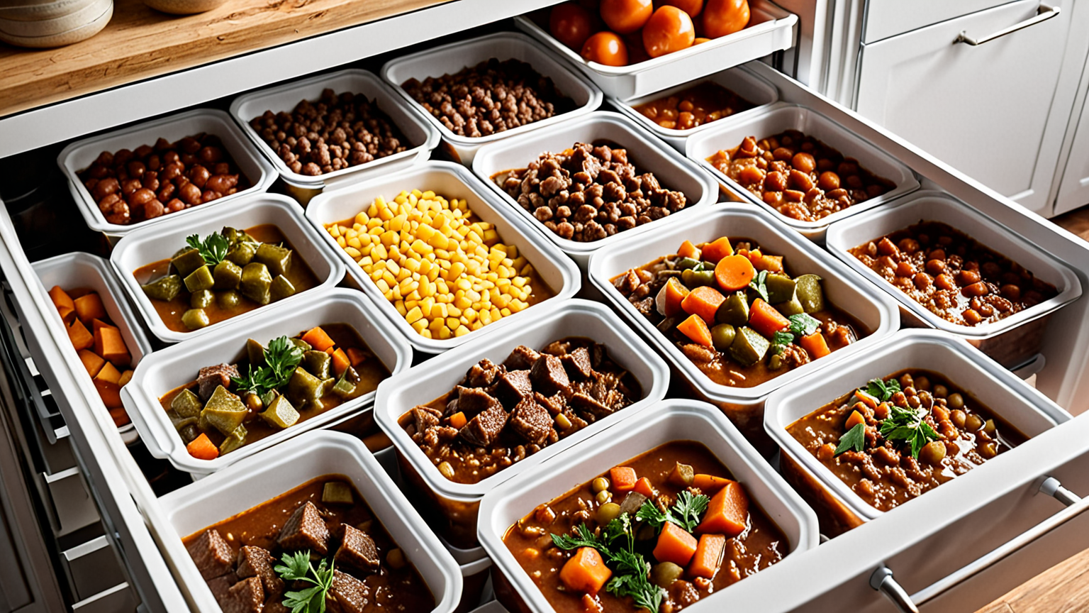 冷凍庫に保存されたシチューの容器