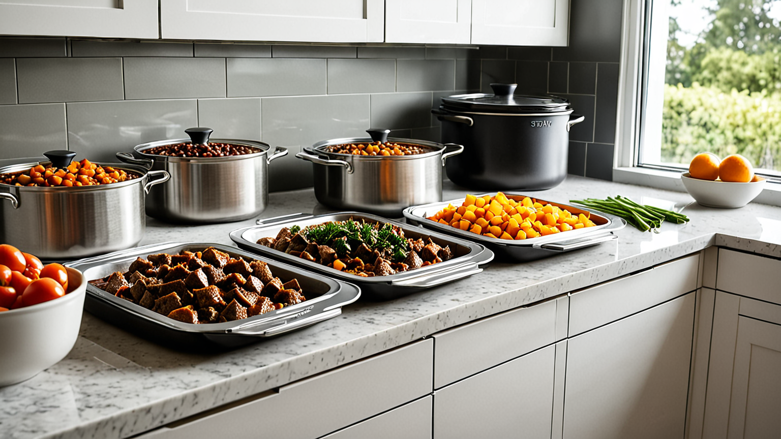 清潔なキッチンで保存容器にシチューを移す様子