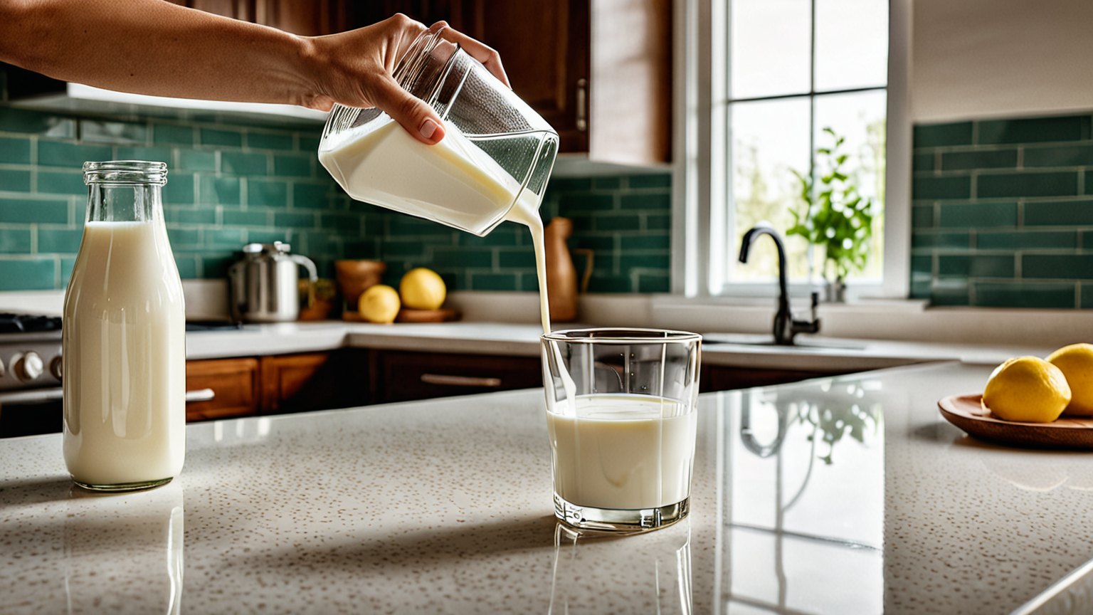清潔な手で牛乳を注ぐイメージ