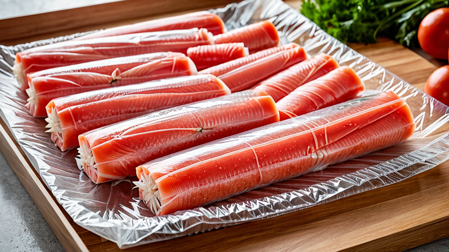 カニカマをラップで包み冷凍する様子