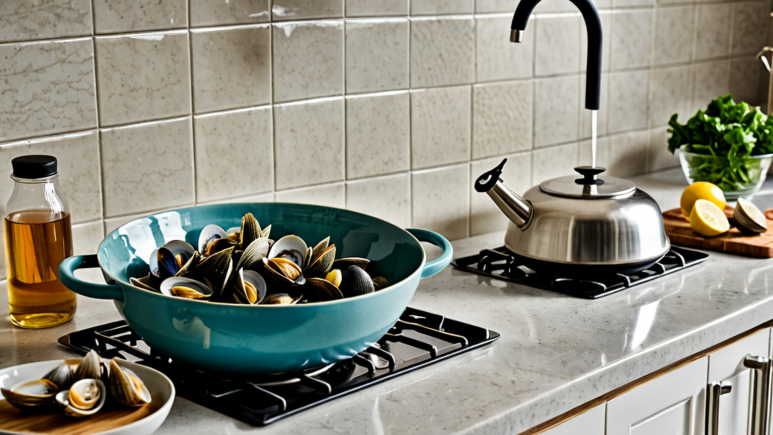 あさりが入ったボウルにお湯を注ぐ様子