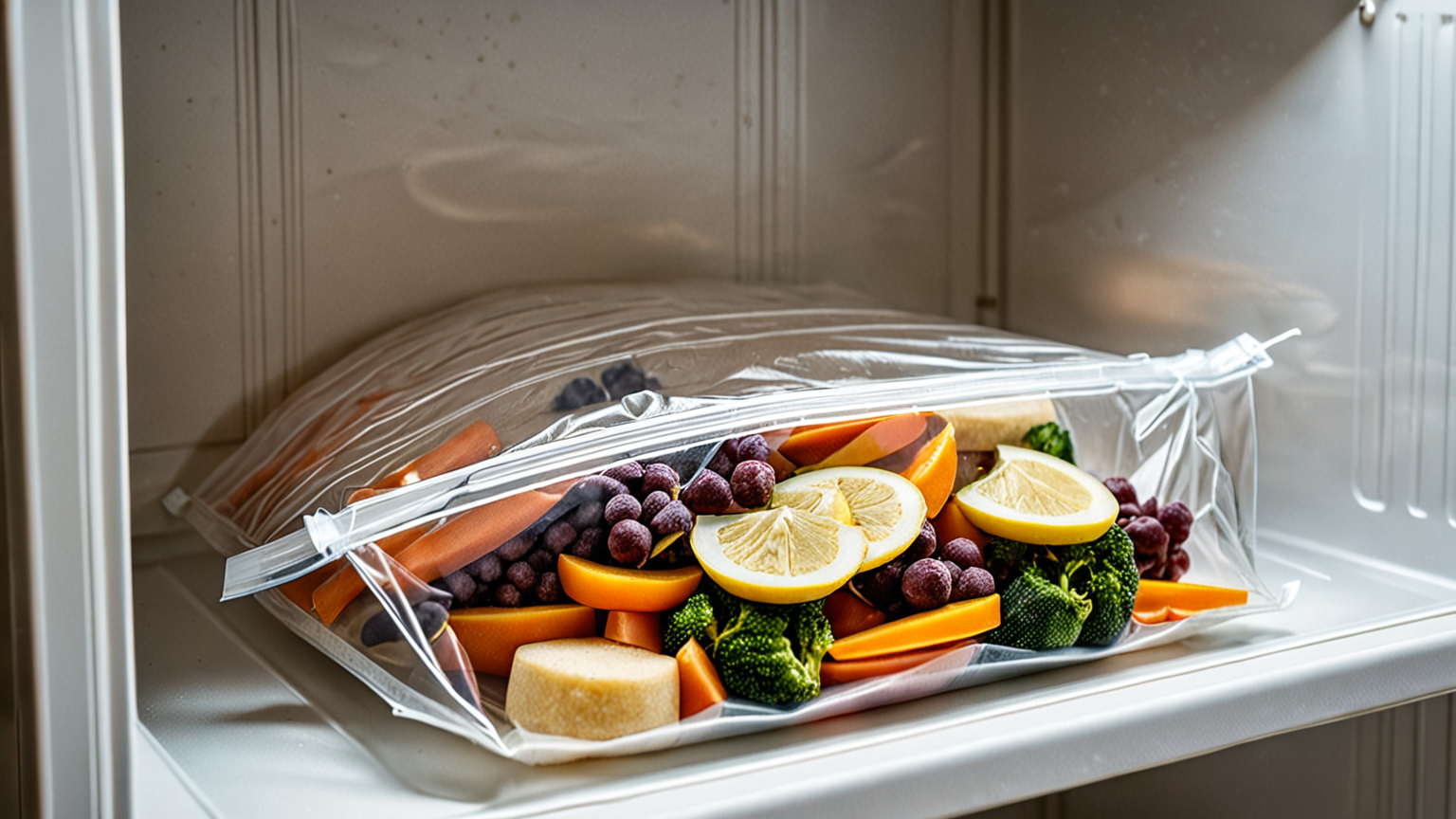 ジップロックに入れた天かすを冷凍庫に入れる様子