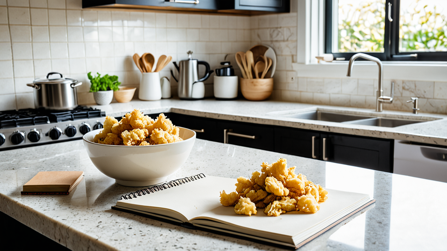 キッチンでメモを取りながら天かすを管理する様子