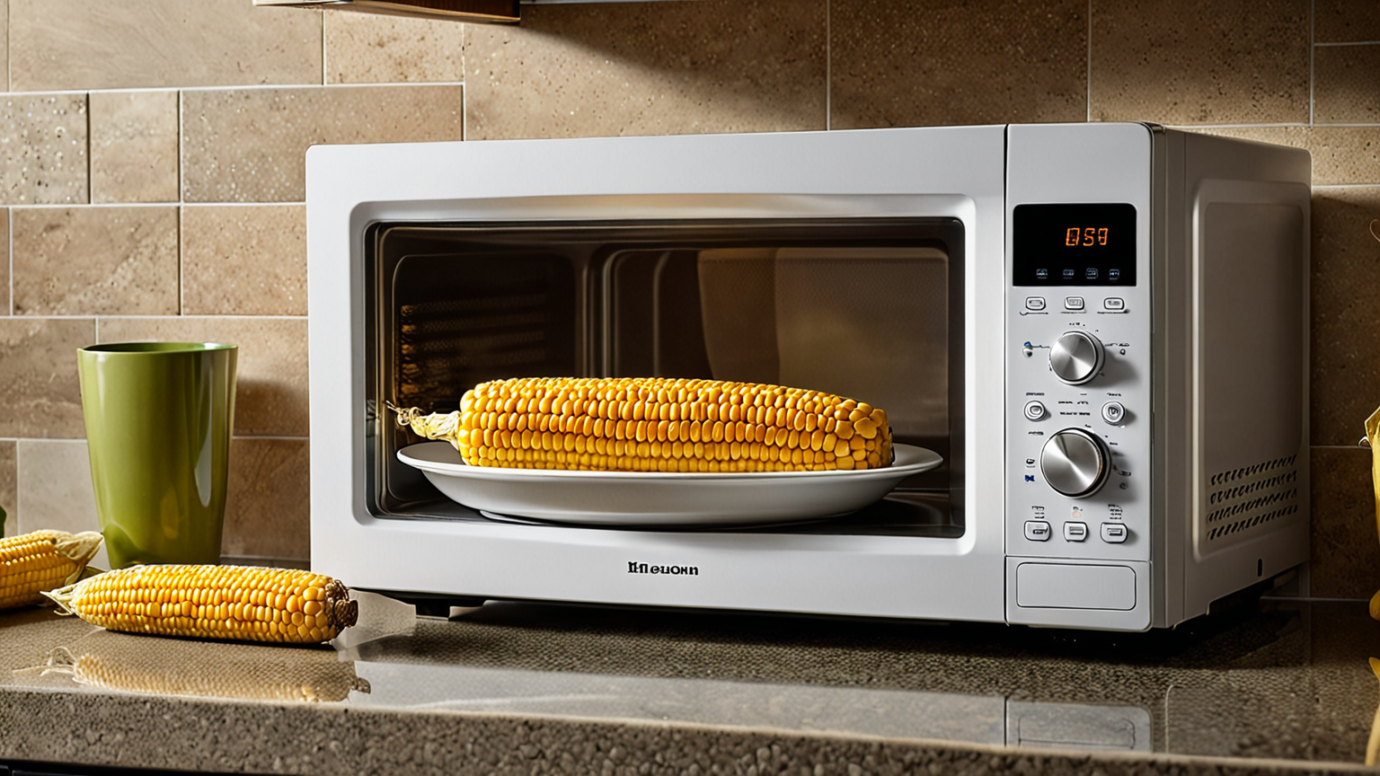 皮付きのとうもろこしをレンジに入れる様子