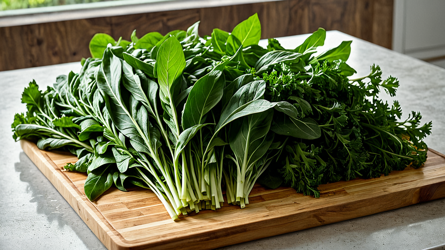 新鮮な小松菜が並んだキッチン