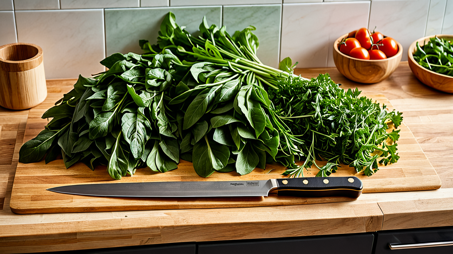 小松菜を切って準備している様子