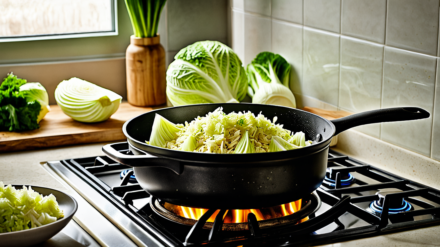 白菜をカットし茹でている様子