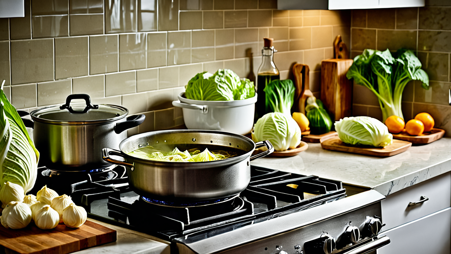 解凍中の白菜と鍋料理の様子