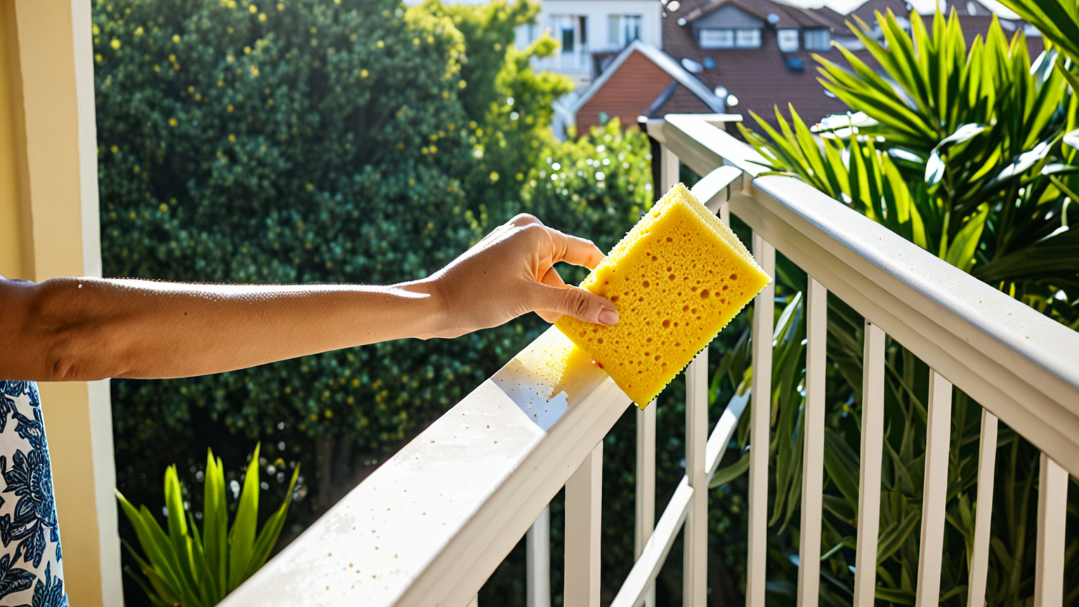 ベランダの手すりをスポンジで洗う様子