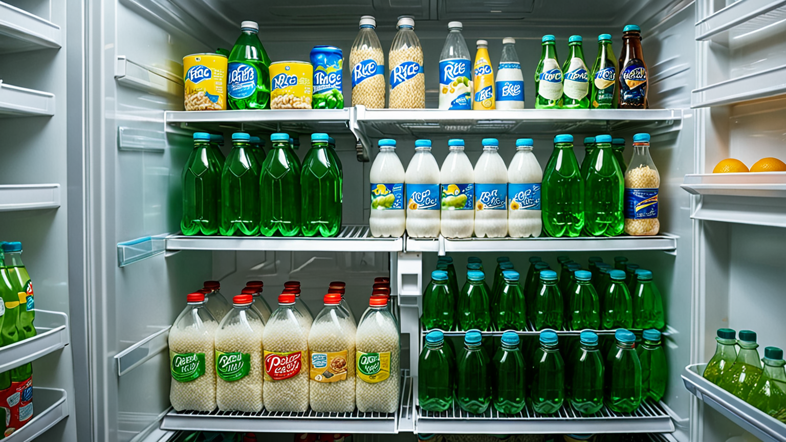 冷蔵庫内で整然と並べられたペットボトル保存のお米