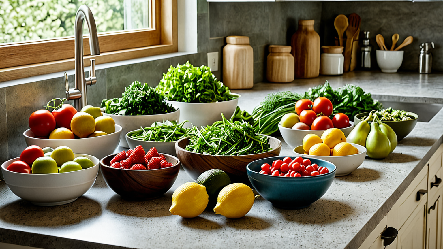 キッチンで様々な食材を保存している様子