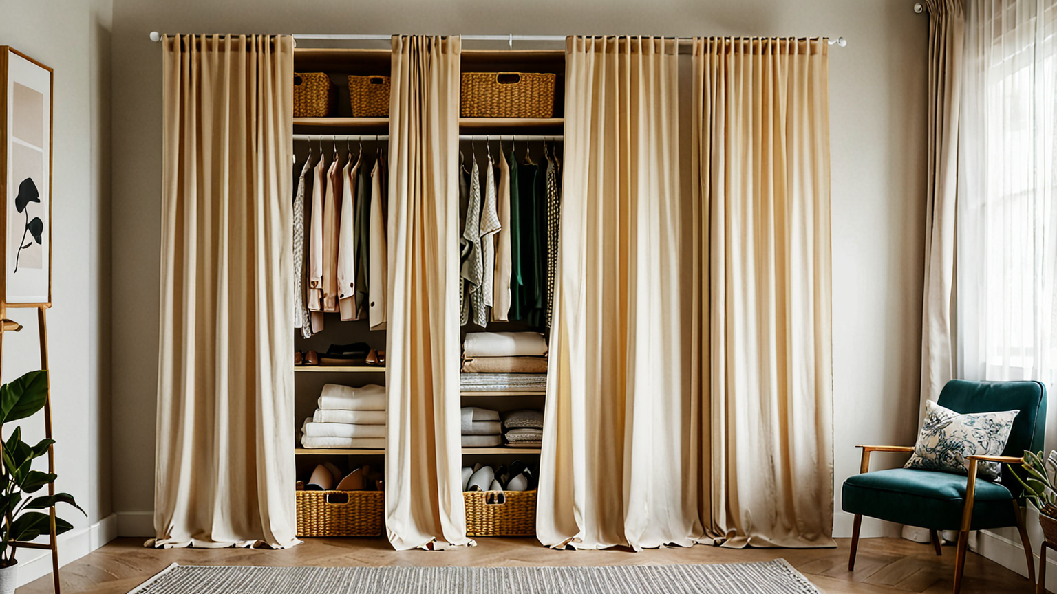 クローゼットに布カーテンを設置した様子