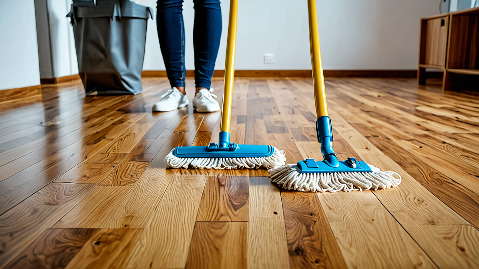静電気防止モップで掃除する様子