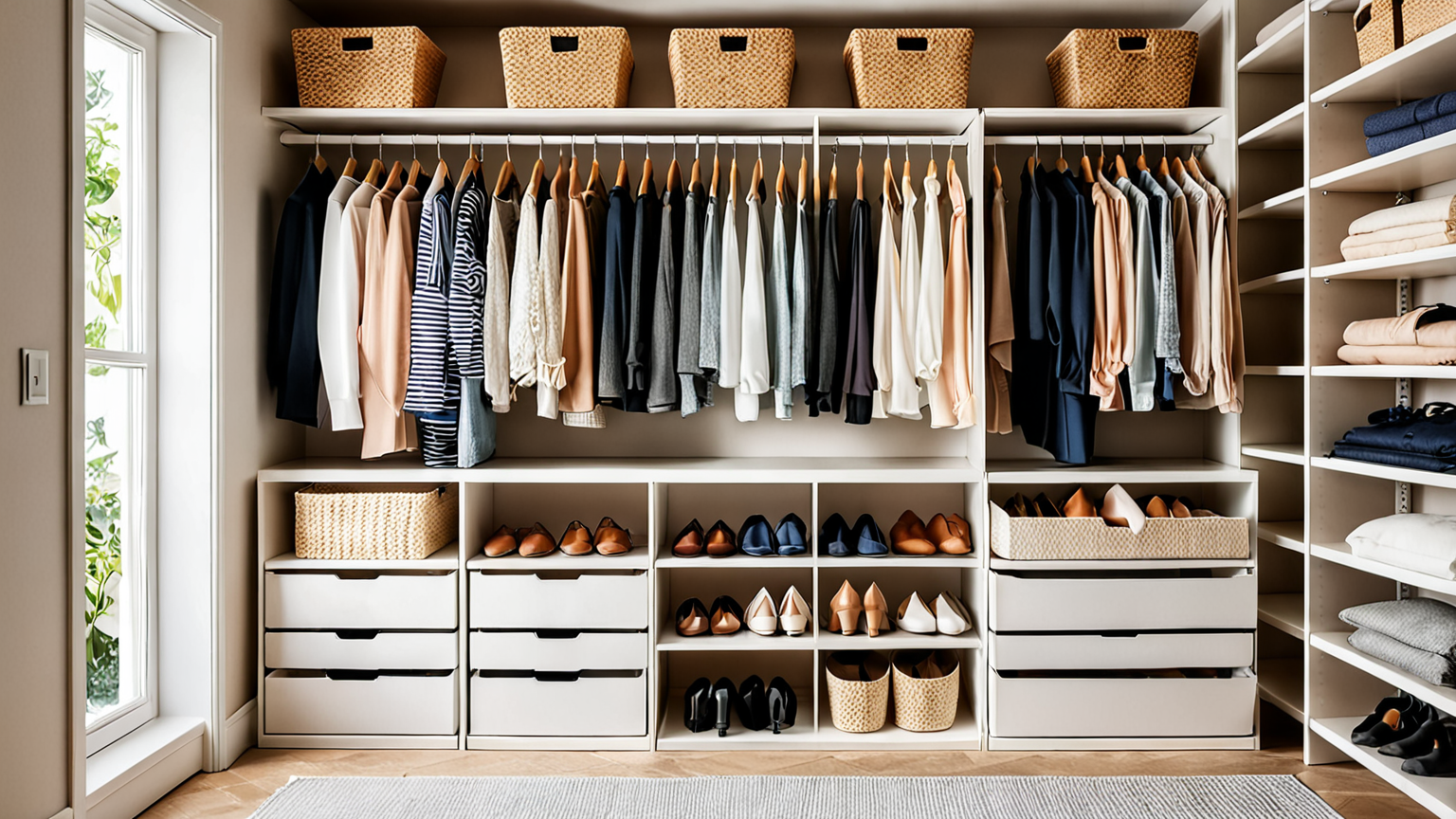 きれいに整理された扉なしクローゼット