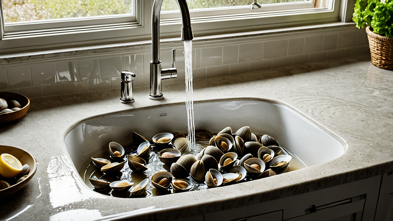 解凍中のしじみを流水で軽く洗う様子