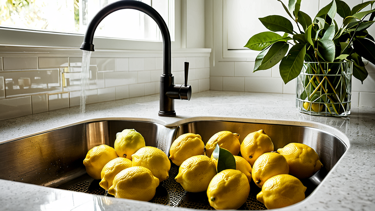 キッチンでレモンを洗う手順のイラスト