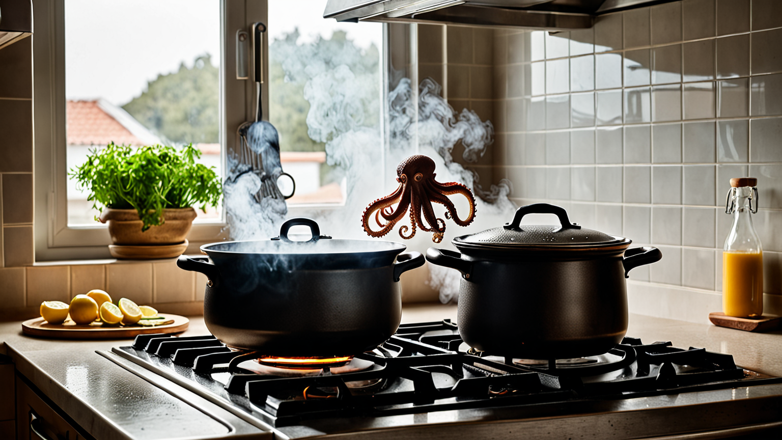 たこを鍋に入れて茹でている様子