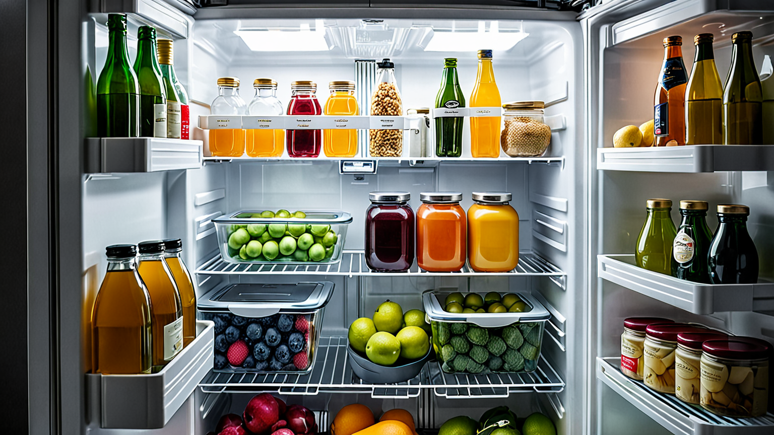 冷蔵庫内の保存容器とペットボトル