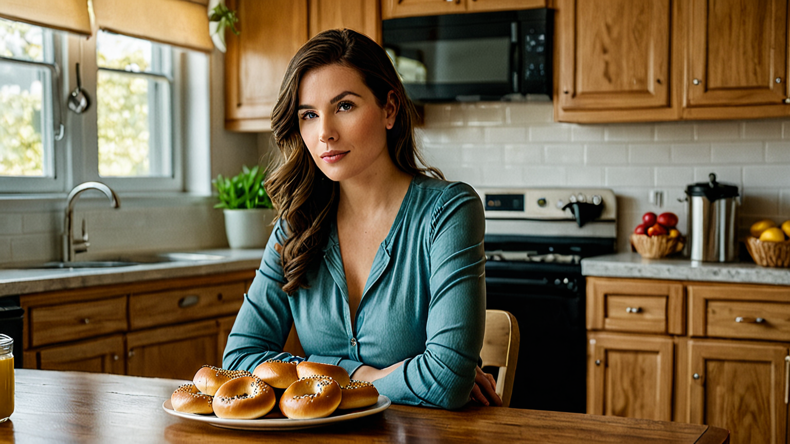 困った表情の女性とベーグル