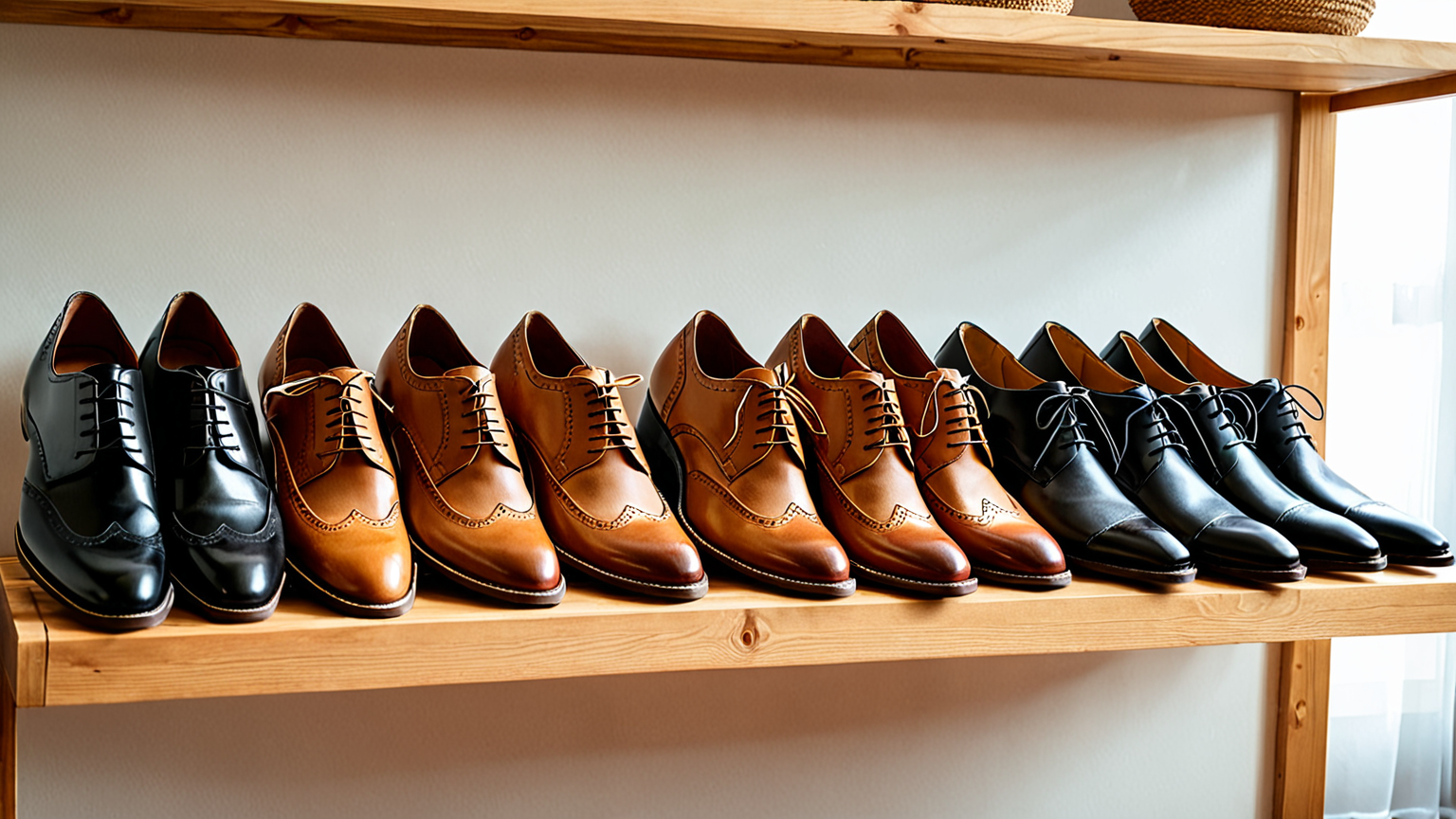 革靴を風通しの良い棚に並べている様子