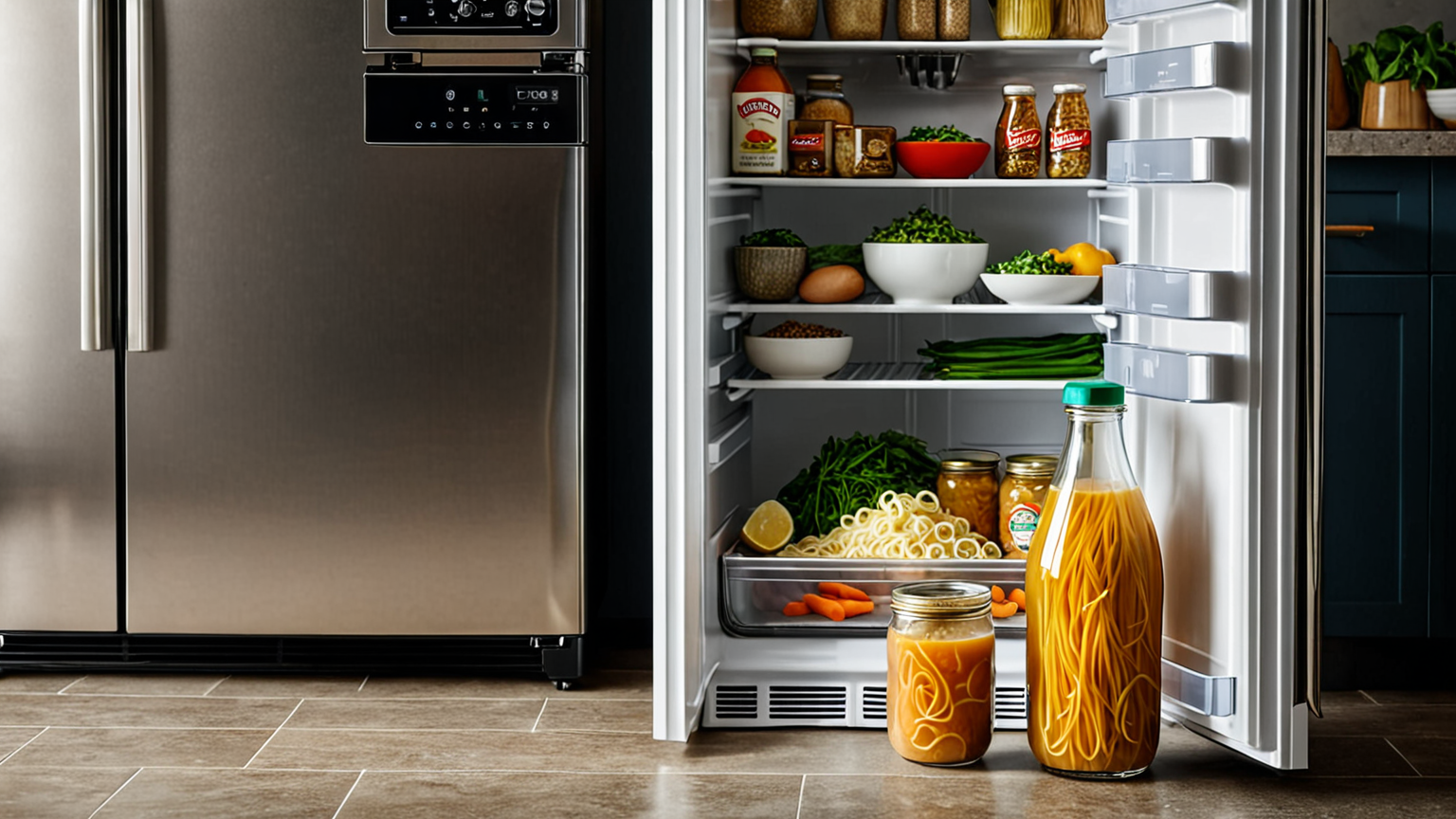 めんつゆの瓶と冷蔵庫の保存イメージ