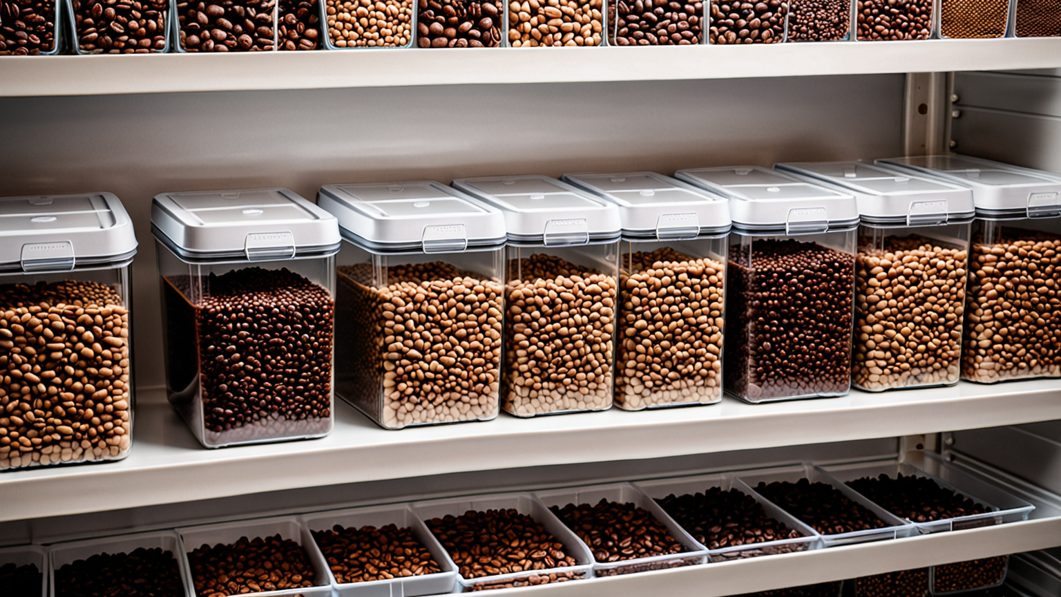 密閉容器に入ったコーヒー豆と冷凍庫の様子