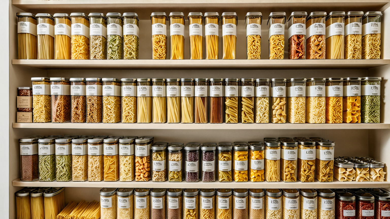 パスタの乾麺が並んだキッチン収納