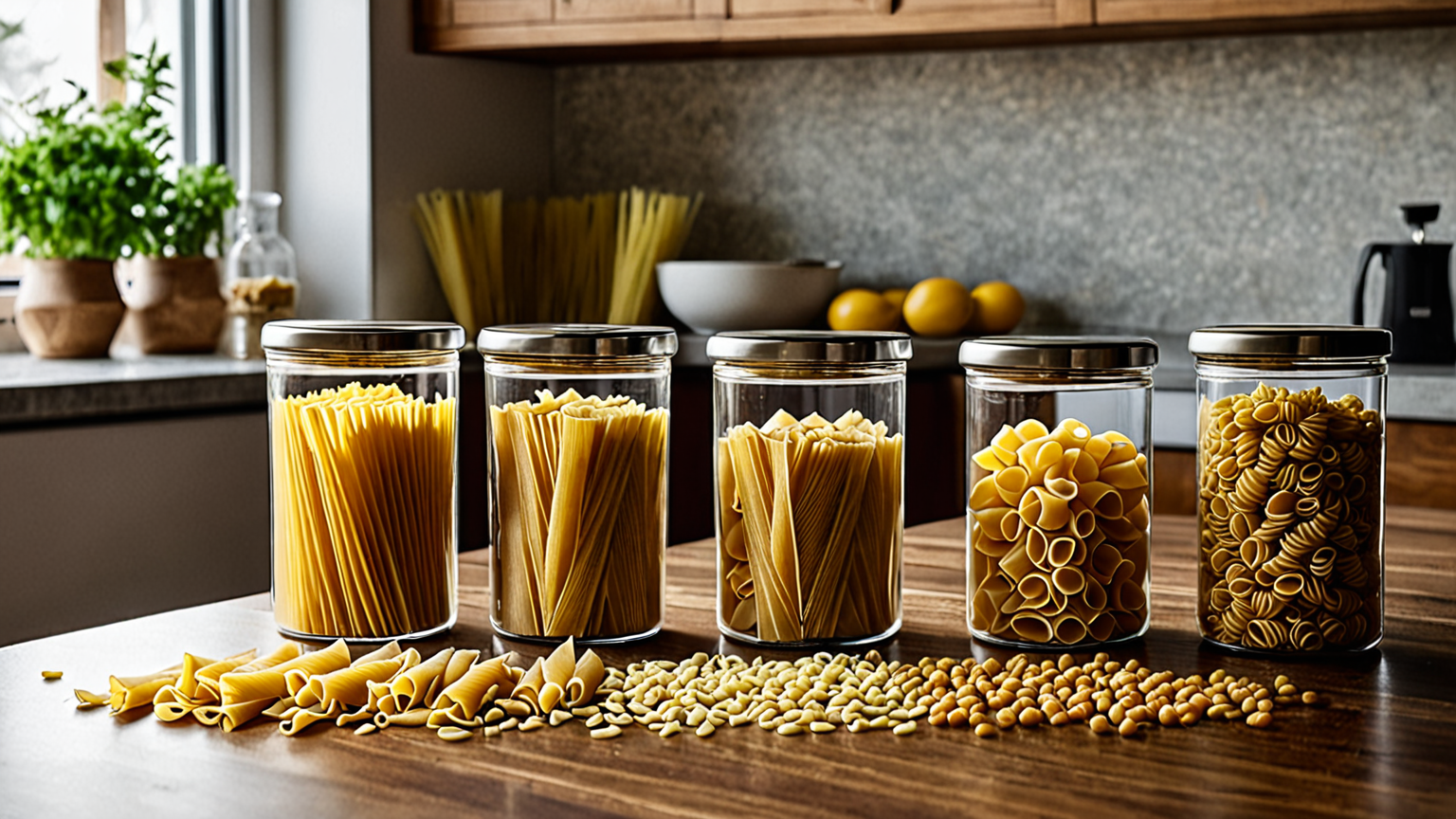 密閉容器に入った乾麺パスタ