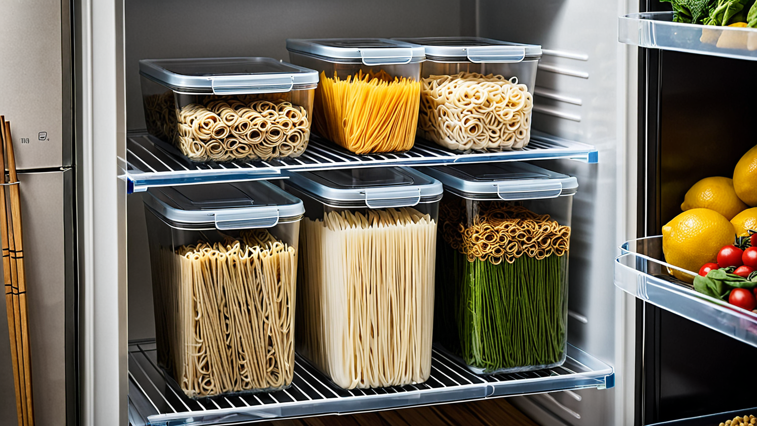 保存容器に入れたそばと冷蔵庫の中