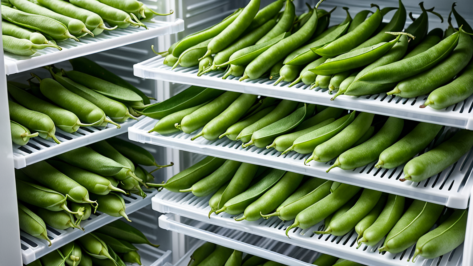 新鮮なスナップえんどうが保存されている冷蔵庫の様子