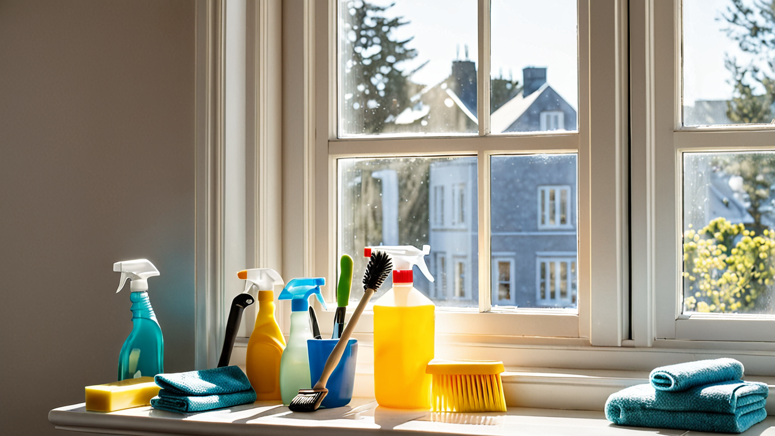 窓の桟をブラシで掃除する様子