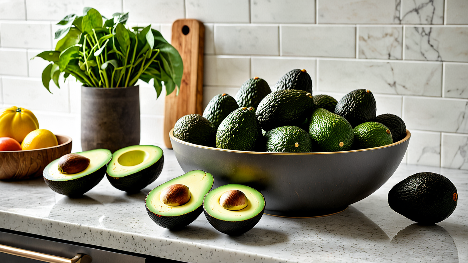 キッチンで保存中のアボカドの写真