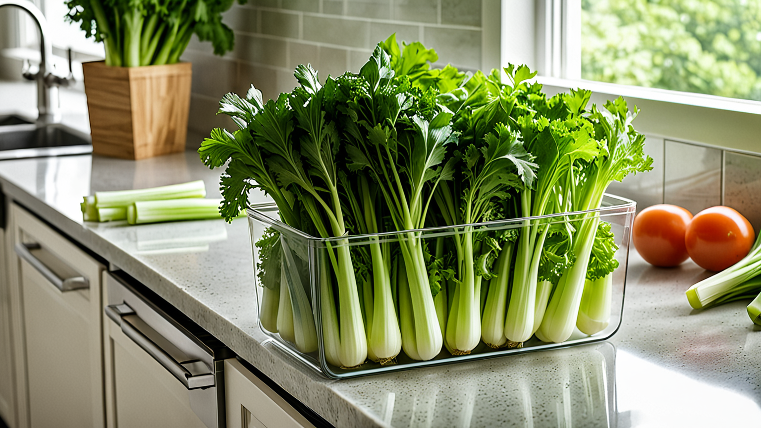 セロリの葉を保存容器に入れている様子