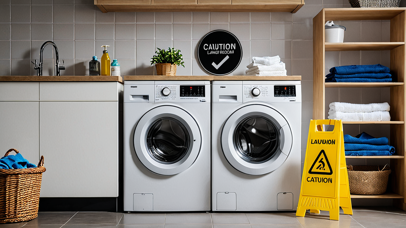 注意マークと洗濯機のイラスト