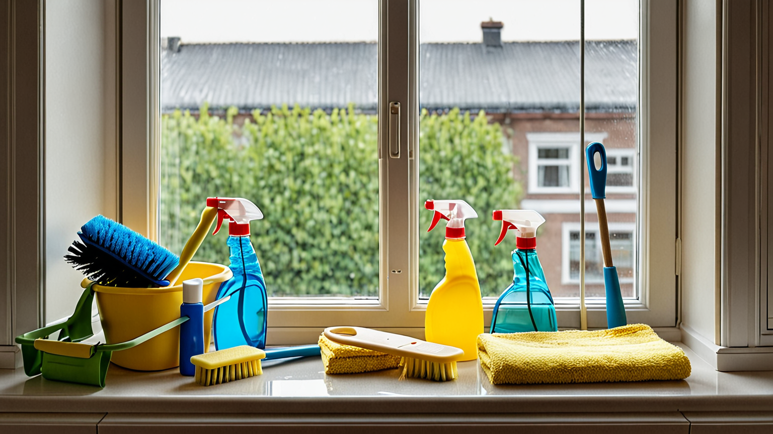 窓サッシの掃除に使う道具が並んでいる様子