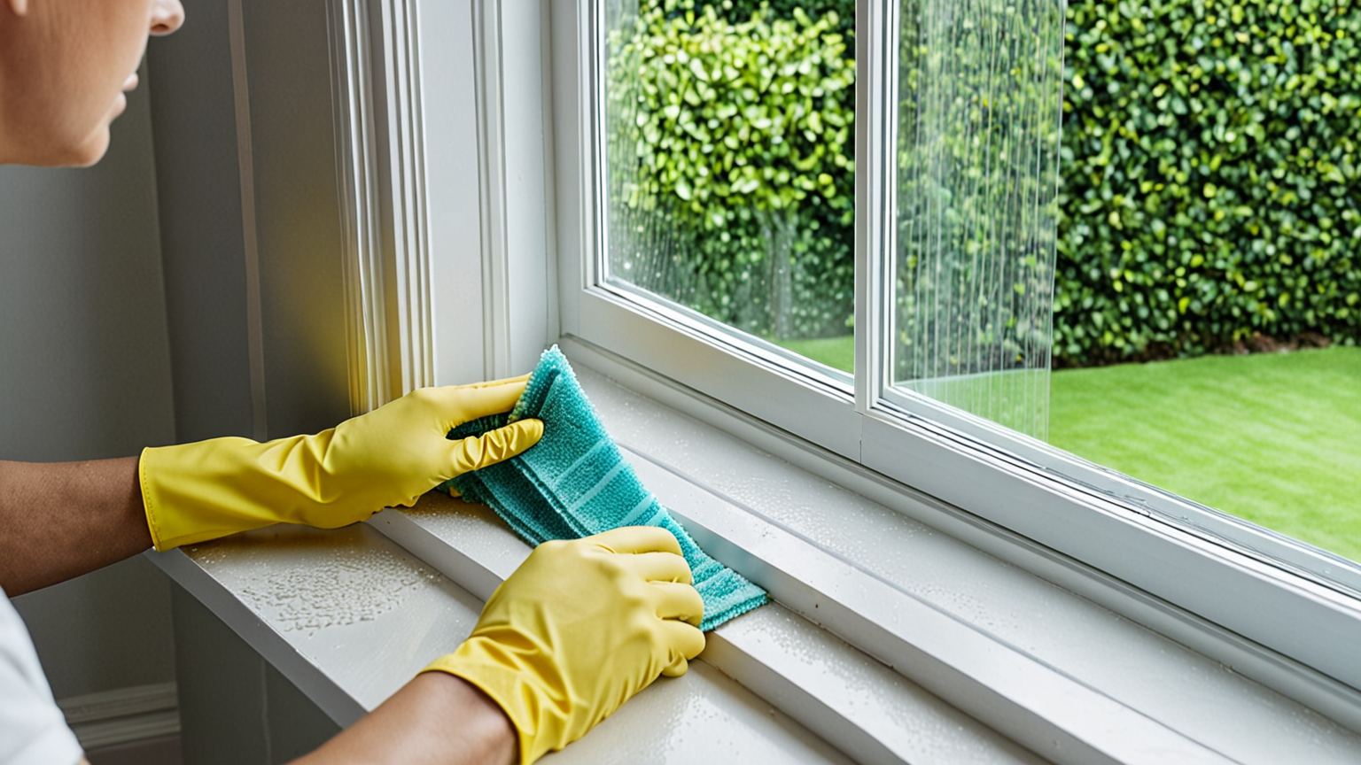 実際に歯ブラシでサッシの溝を掃除している様子