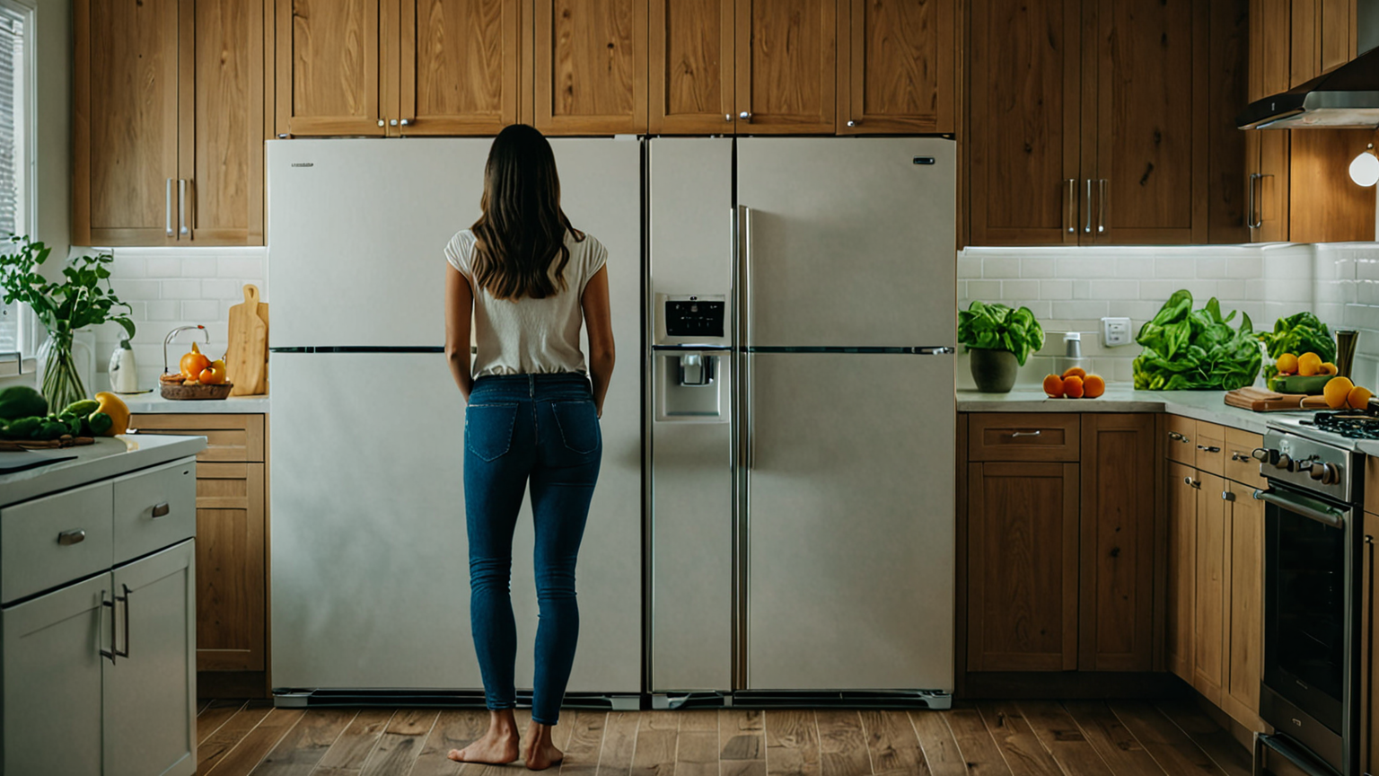 冷蔵庫の温度設定をチェックする主婦