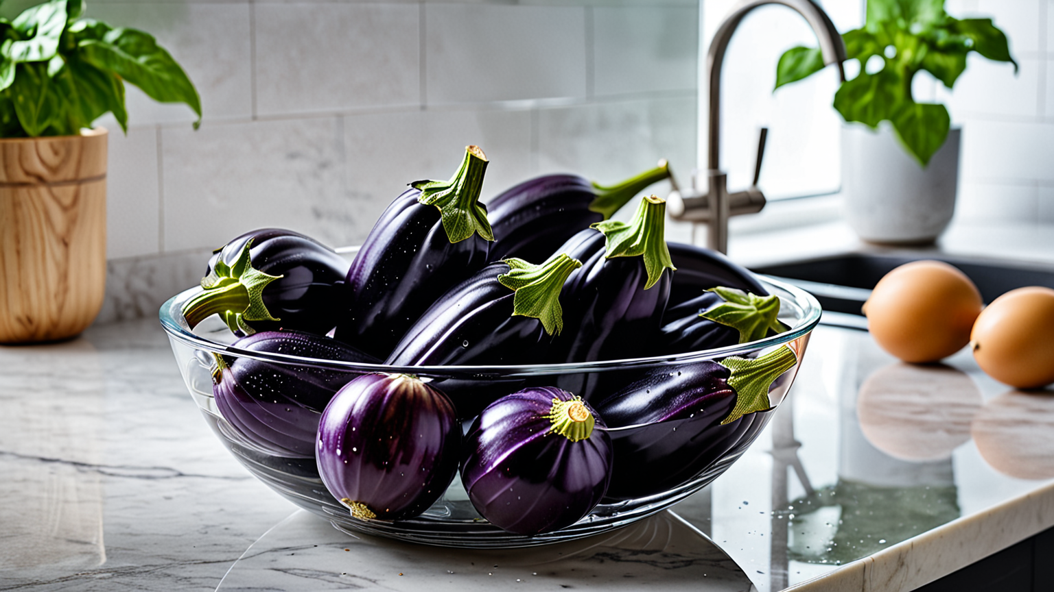 なすの切り口と水につける様子