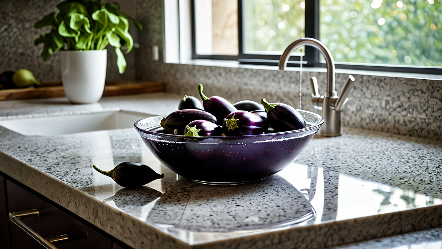 ボウルに浸したなすの写真
