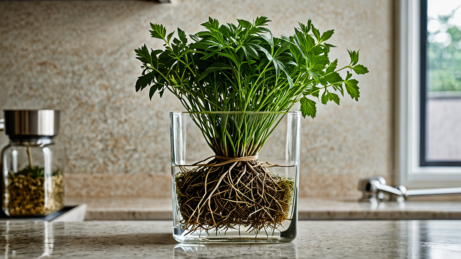 三つ葉の根っこを水に浸している様子