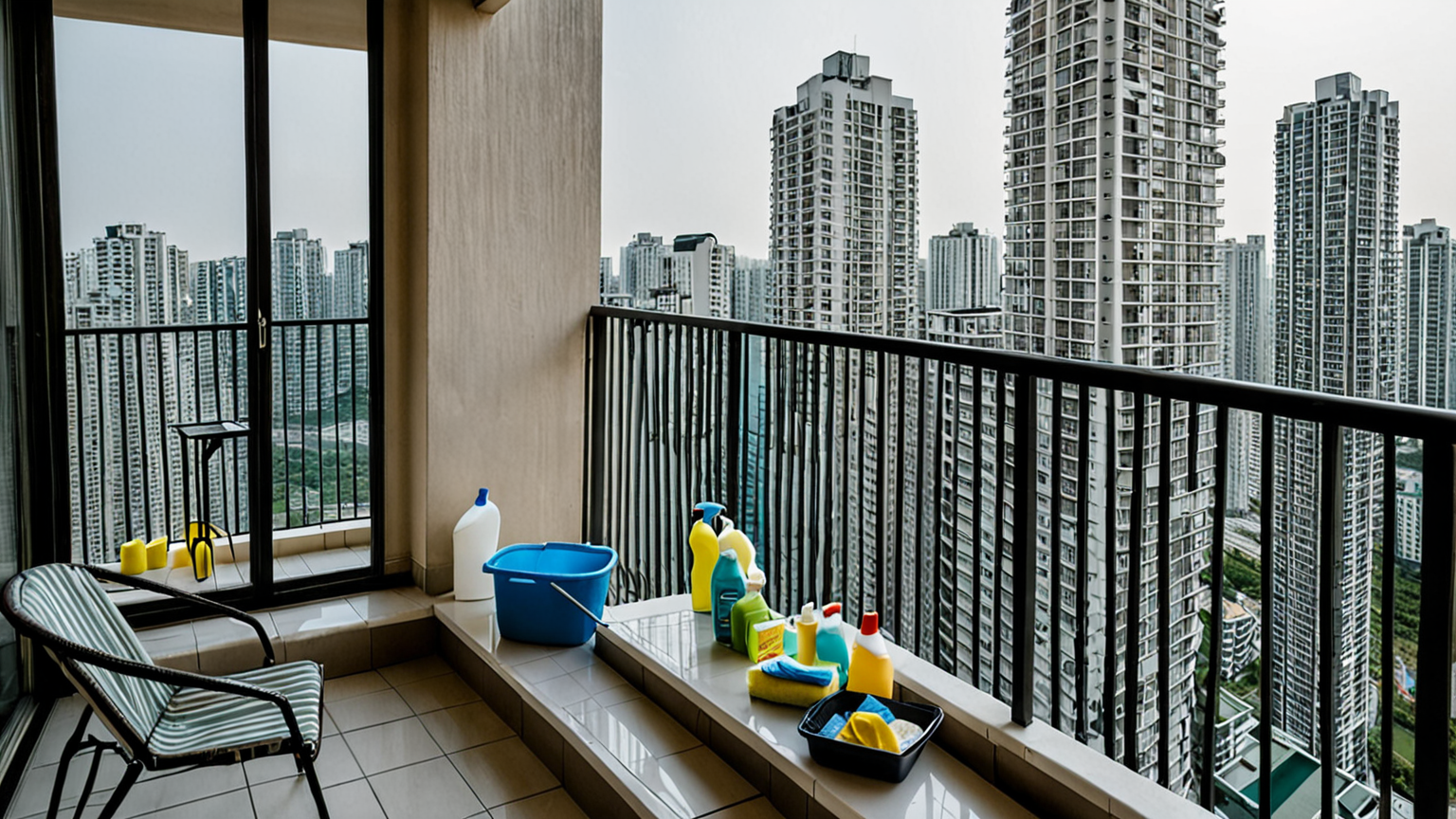 高層マンションのベランダ窓の外側掃除準備