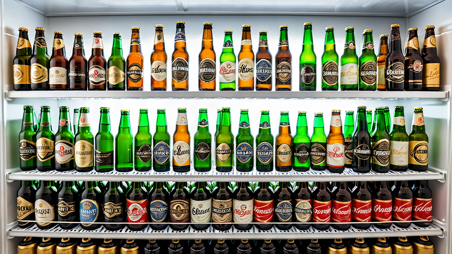 冷蔵庫の棚でビールを横に並べる様子