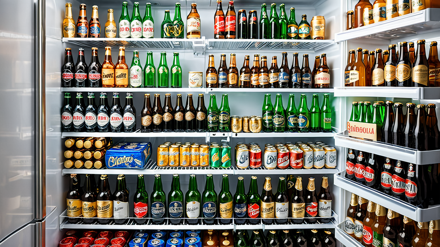 整理された冷蔵庫の棚と横置きビール
