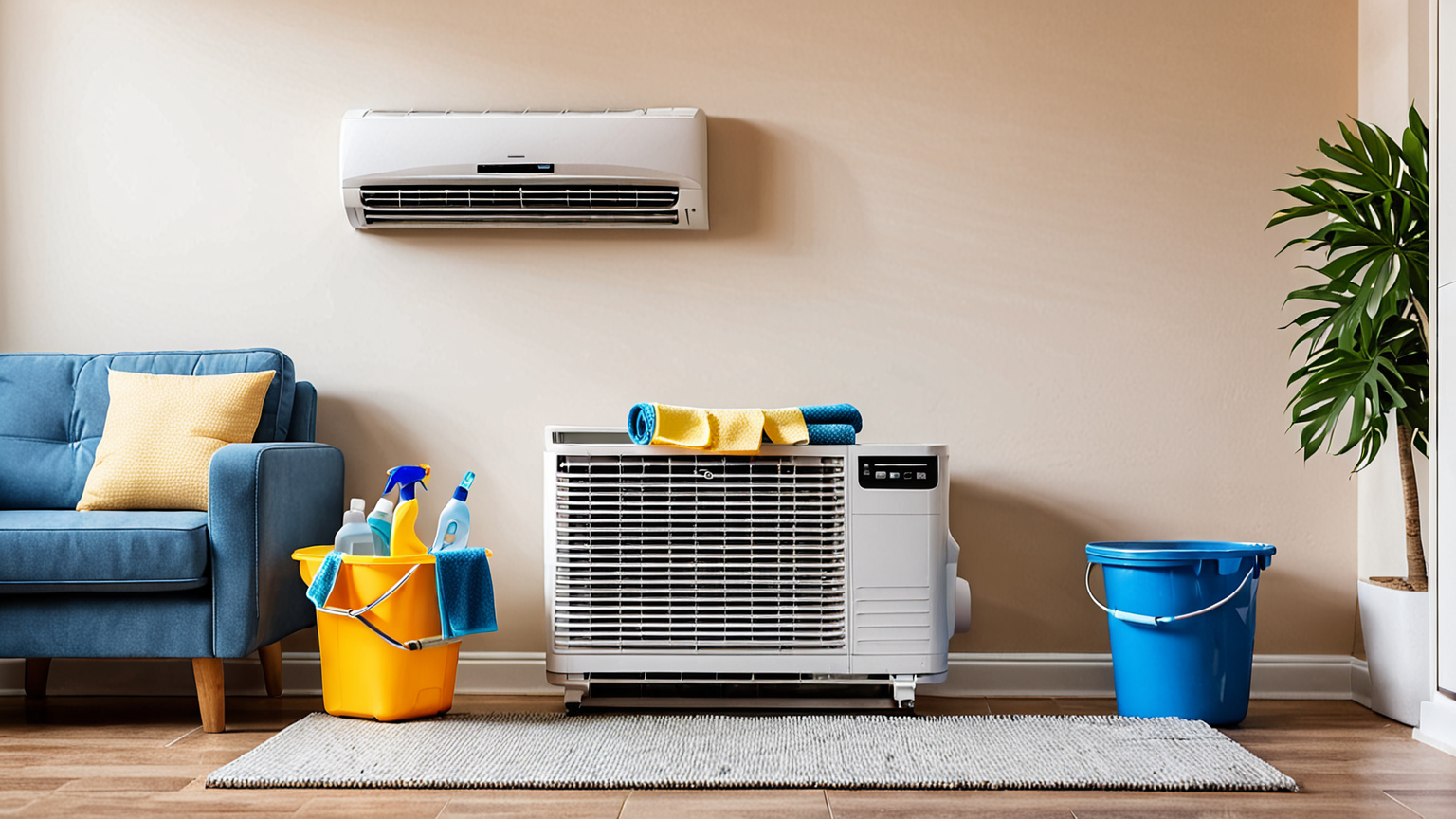 エアコン送風口の掃除道具を準備している様子