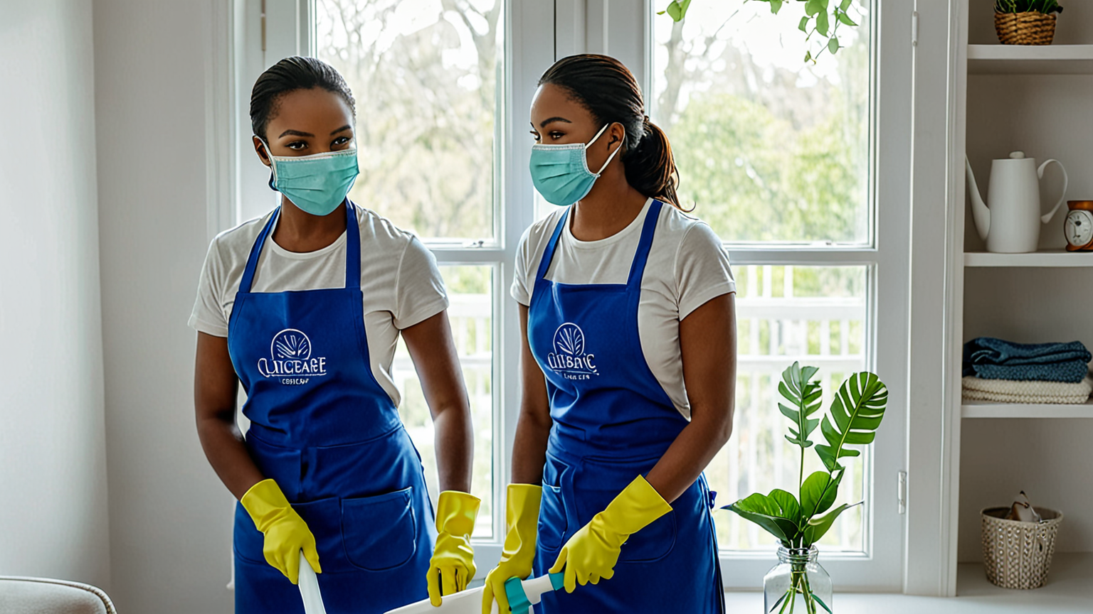 掃除中のマスクと手袋を着用した人物
