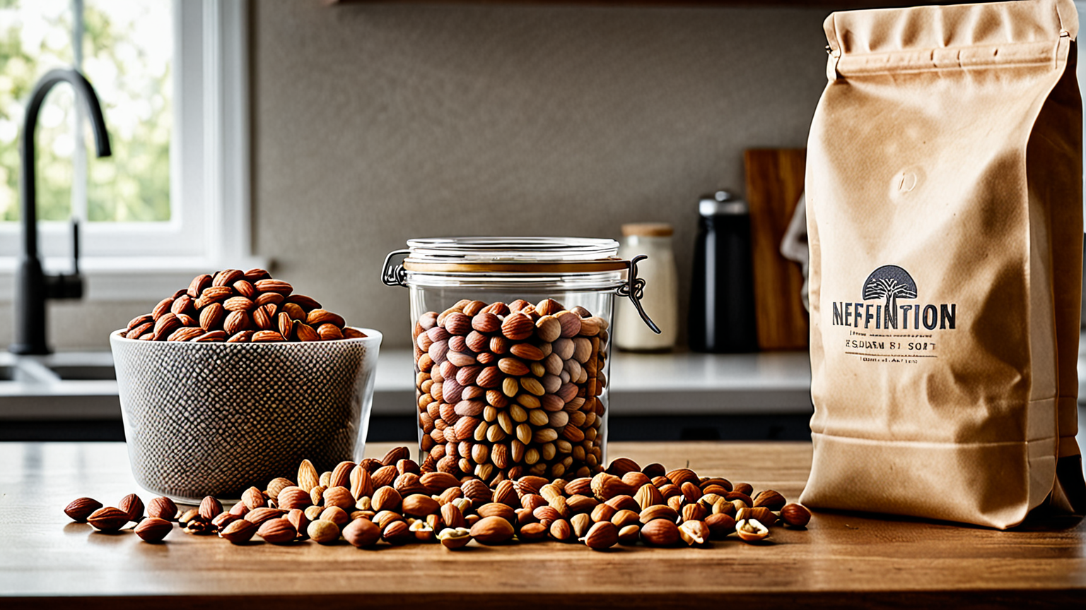 ナッツを袋から密閉容器へ移し替える様子