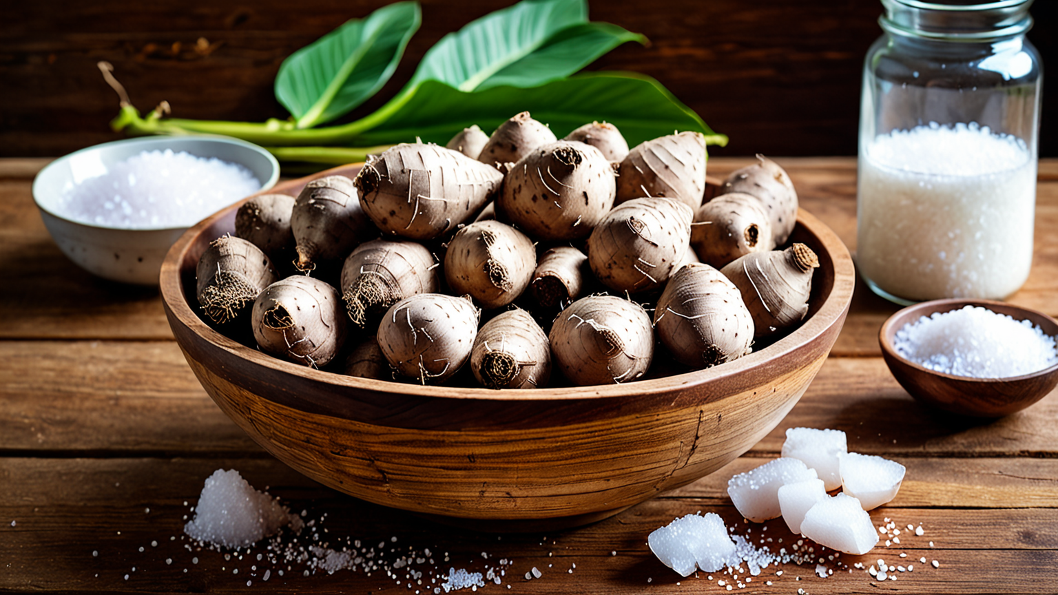 きれいに洗った里芋と塩のイメージ