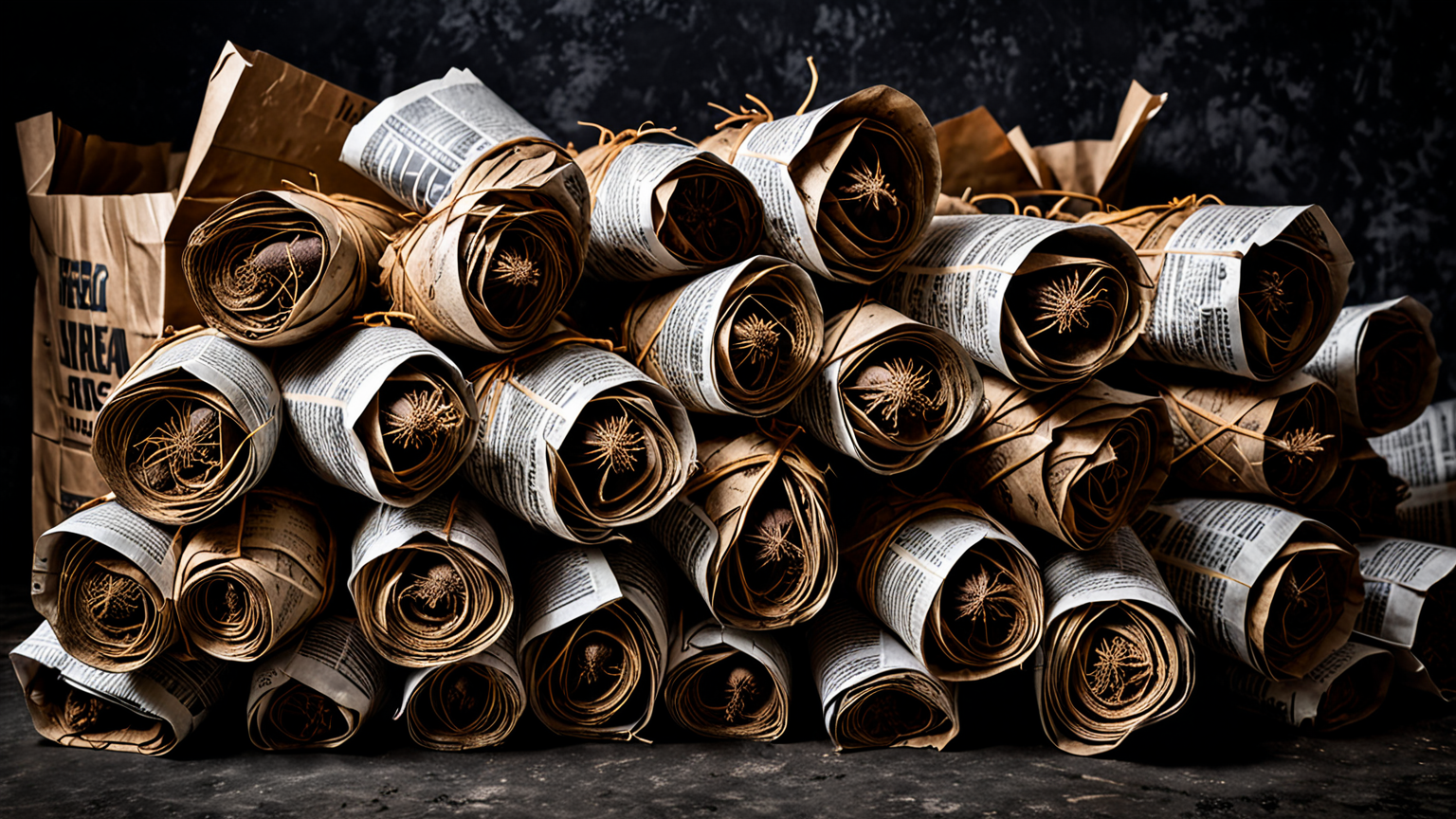 里芋を新聞紙に包み冷暗所に保存している様子