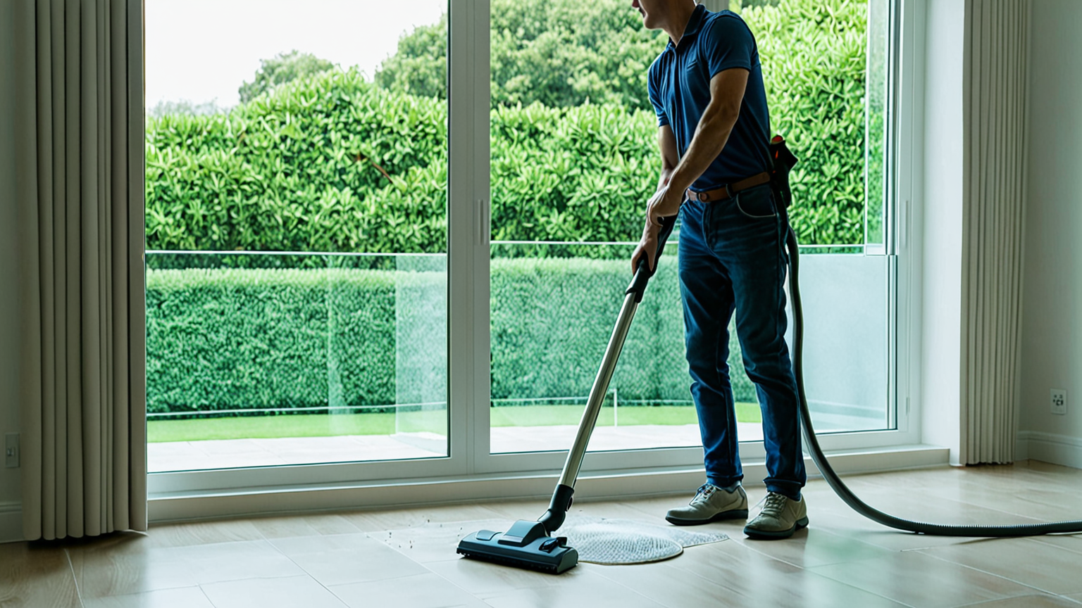 掃除機で網戸のほこりを吸い取る様子