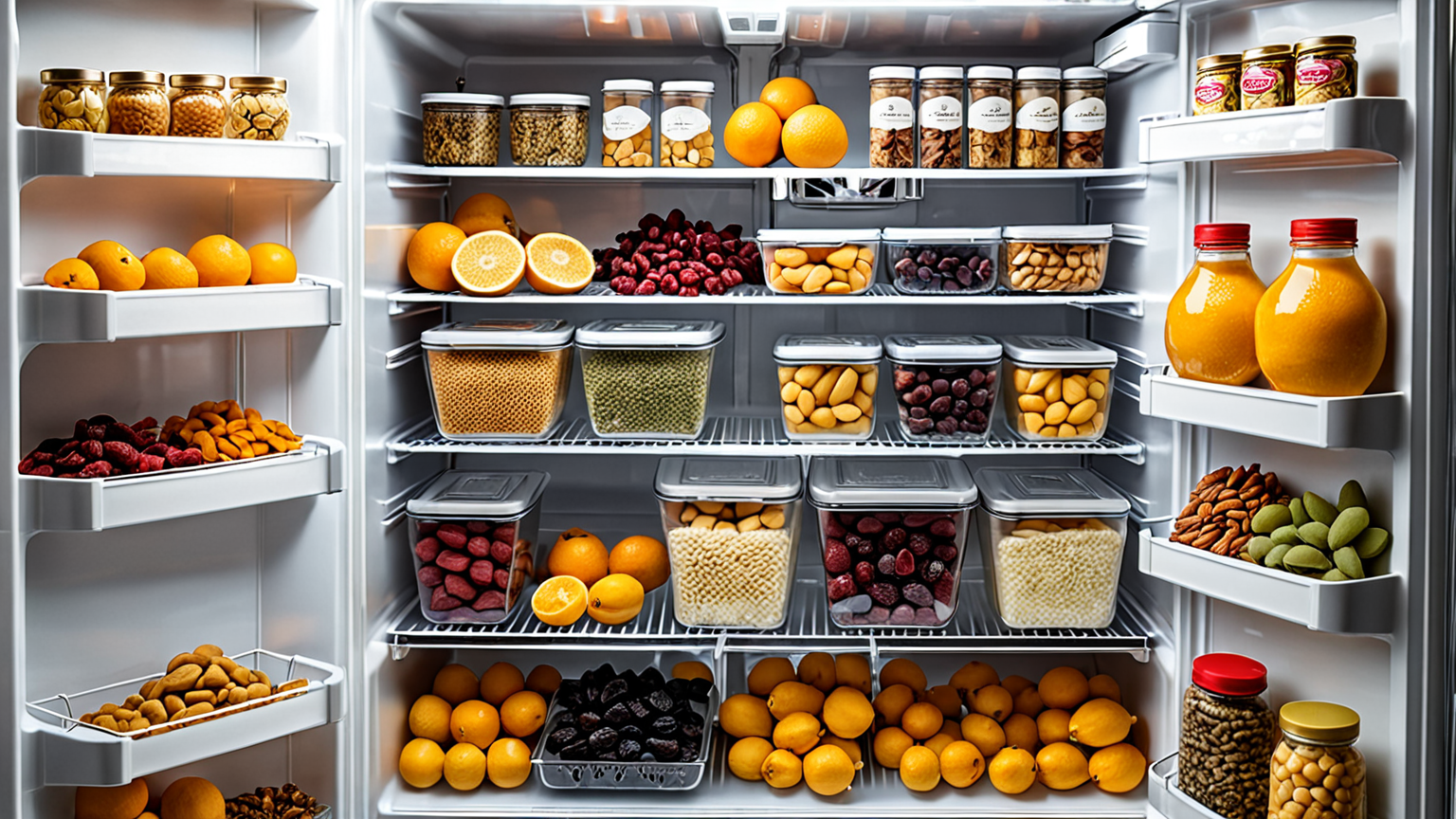 密閉容器に入ったドライフルーツと冷蔵庫